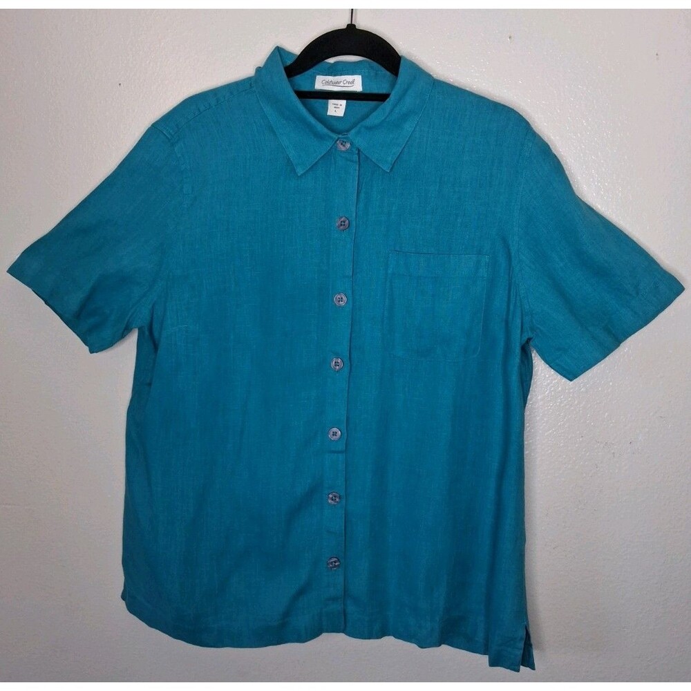 Coldwater Creek Linen Short Sleeve Button Up Collar Shirt Teal Coastal Size L